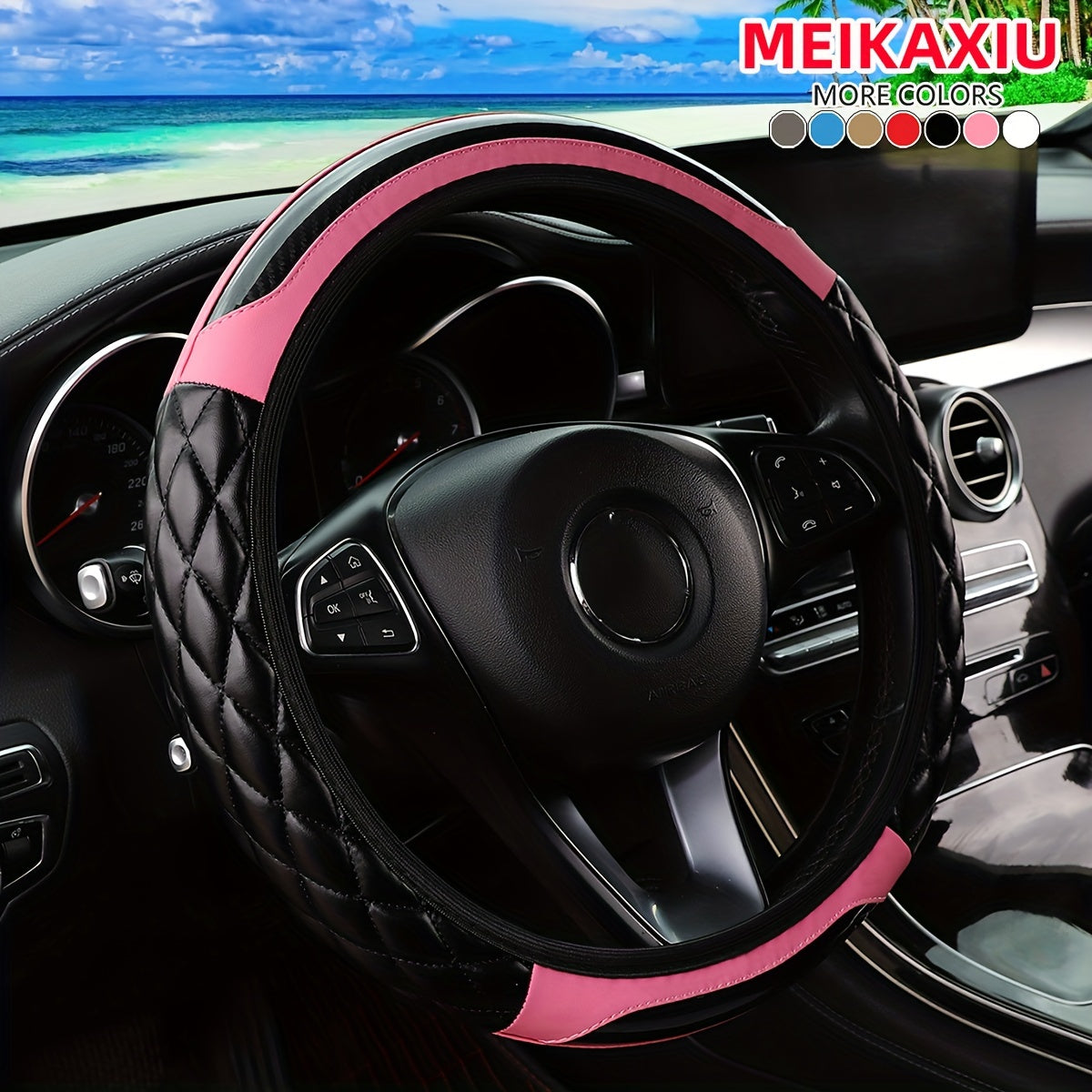 MEIKAXIU 3D Embroidered Crystal Carbon Fiber Steering Wheel Cover - 1pc Universal Fit for 14.5-15 Inch - Unisex, Available in Black, Red, Pink, Blue, Beige, Gray