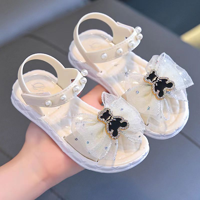 Girls' Summer Princess Sandals 2024, Open-Toe with Pearl Heart Detail, Non-Slip Soft Sole Toddler & Kids Shoes