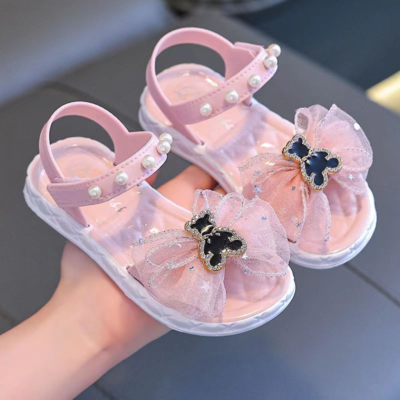 Girls' Summer Princess Sandals 2024, Open-Toe with Pearl Heart Detail, Non-Slip Soft Sole Toddler & Kids Shoes