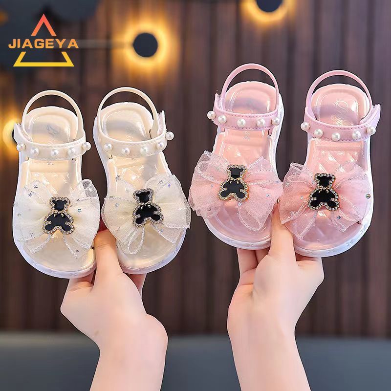 Girls' Summer Princess Sandals 2024, Open-Toe with Pearl Heart Detail, Non-Slip Soft Sole Toddler & Kids Shoes