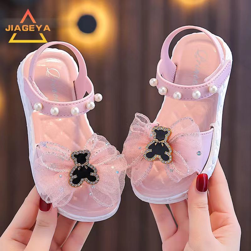 Girls' Summer Princess Sandals 2024, Open-Toe with Pearl Heart Detail, Non-Slip Soft Sole Toddler & Kids Shoes