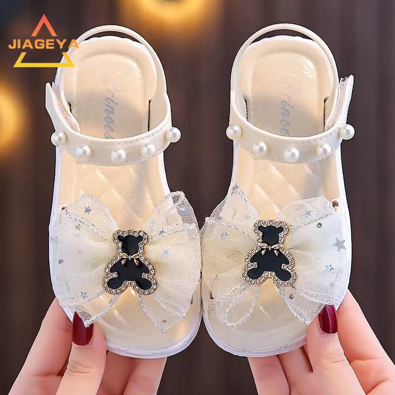 Girls' Summer Princess Sandals 2024, Open-Toe with Pearl Heart Detail, Non-Slip Soft Sole Toddler & Kids Shoes