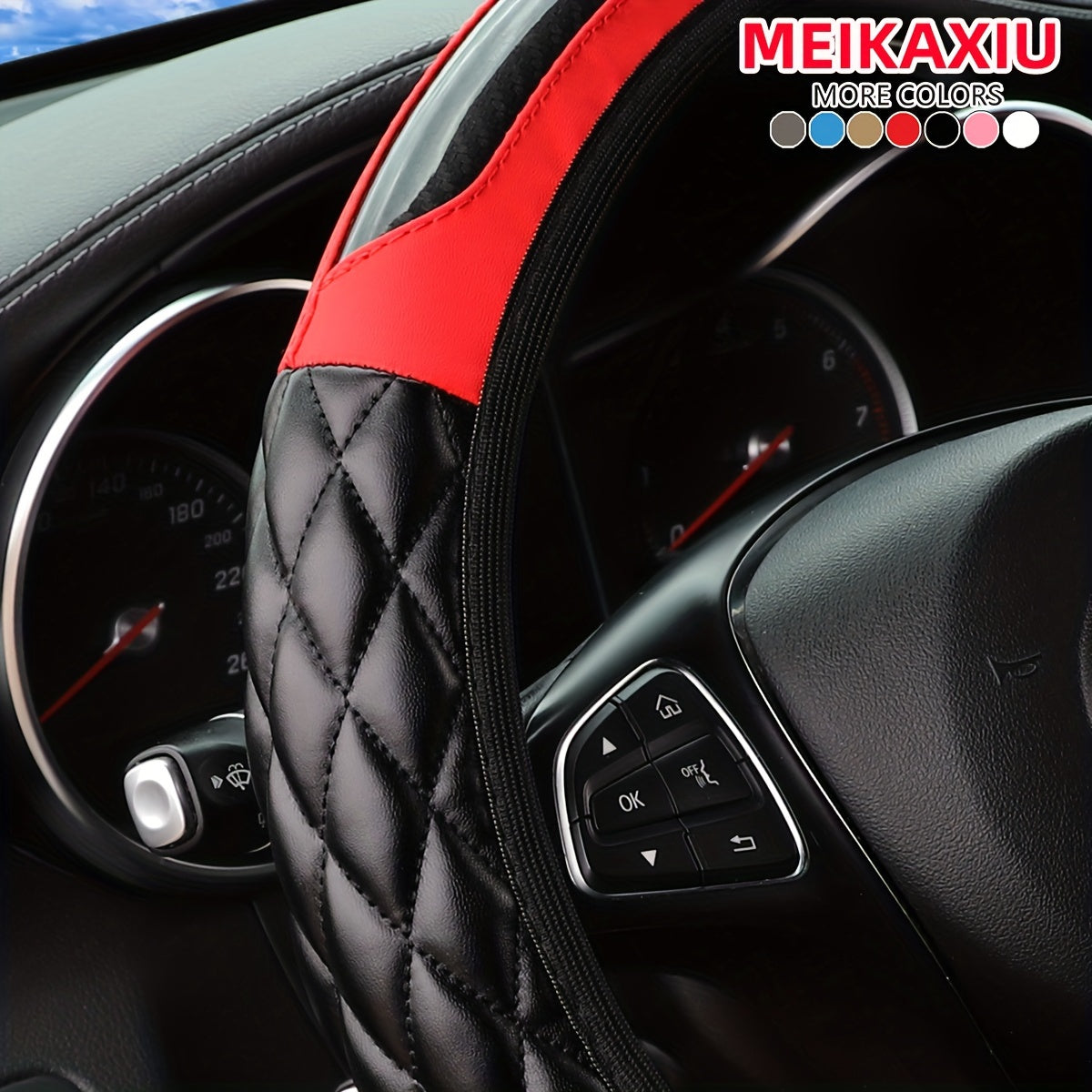 MEIKAXIU 3D Embroidered Crystal Carbon Fiber Steering Wheel Cover - 1pc Universal Fit for 14.5-15 Inch - Unisex, Available in Black, Red, Pink, Blue, Beige, Gray