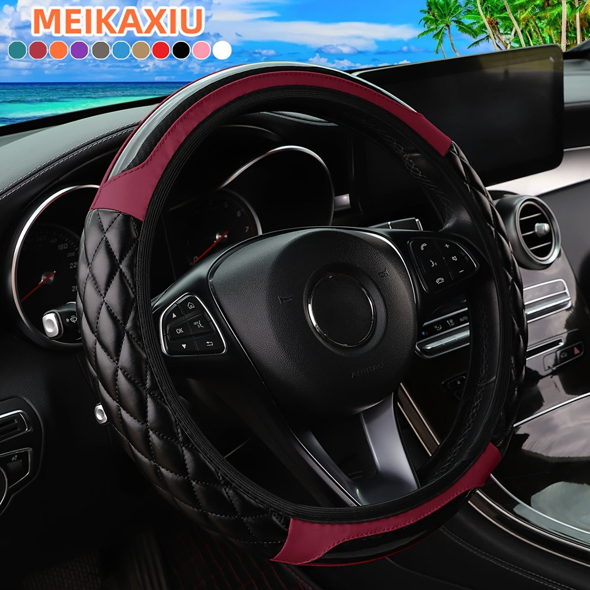 MEIKAXIU 3D Embroidered Crystal Carbon Fiber Steering Wheel Cover - 1pc Universal Fit for 14.5-15 Inch - Unisex, Available in Black, Red, Pink, Blue, Beige, Gray