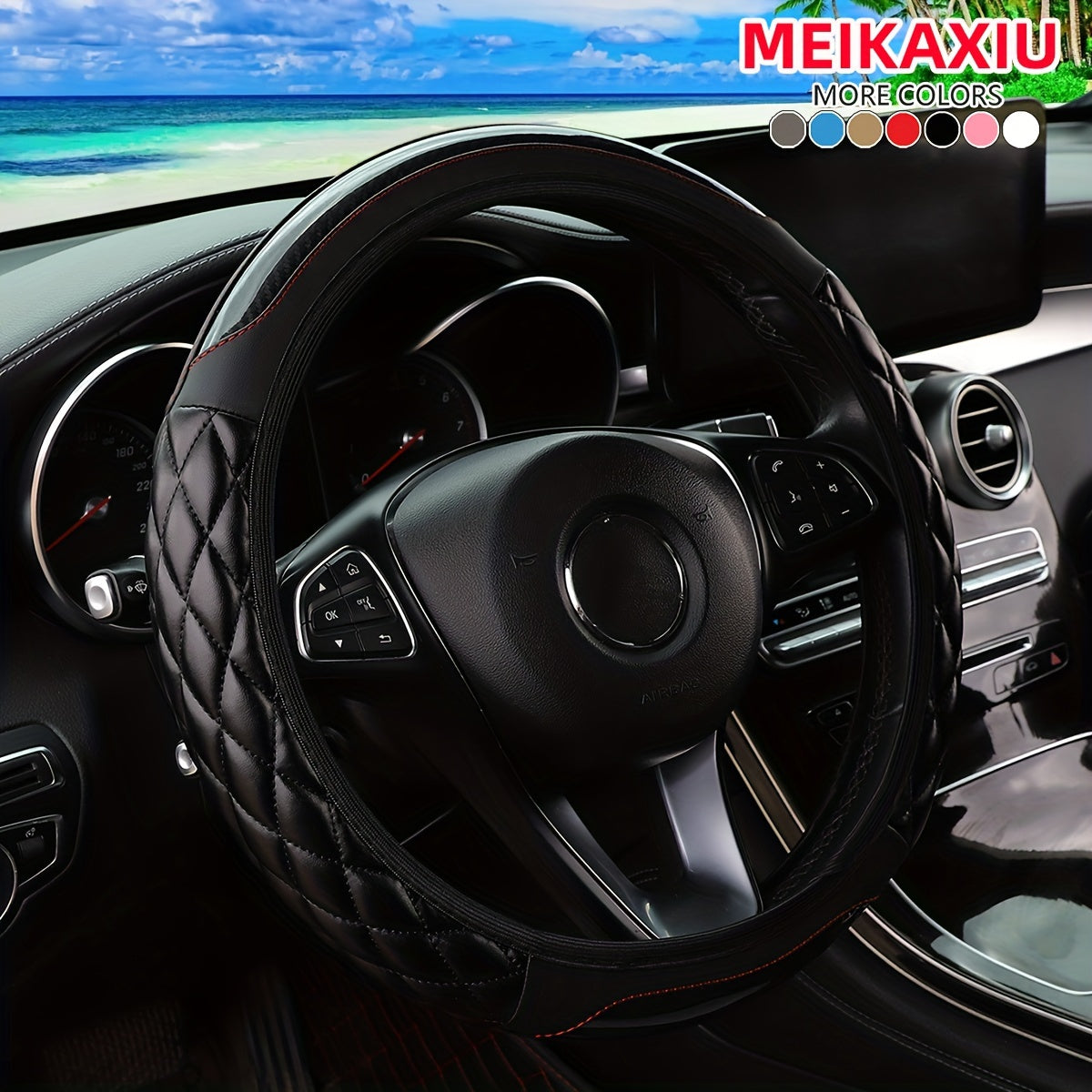 MEIKAXIU 3D Embroidered Crystal Carbon Fiber Steering Wheel Cover - 1pc Universal Fit for 14.5-15 Inch - Unisex, Available in Black, Red, Pink, Blue, Beige, Gray