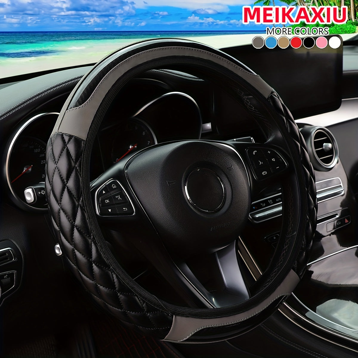MEIKAXIU 3D Embroidered Crystal Carbon Fiber Steering Wheel Cover - 1pc Universal Fit for 14.5-15 Inch - Unisex, Available in Black, Red, Pink, Blue, Beige, Gray
