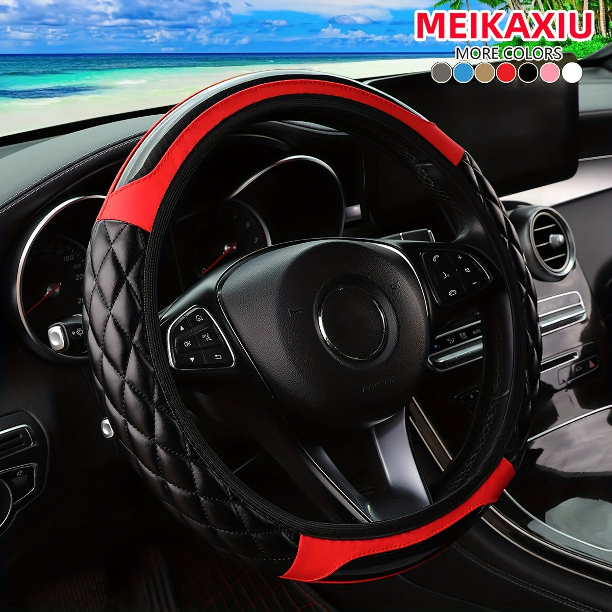 MEIKAXIU 3D Embroidered Crystal Carbon Fiber Steering Wheel Cover - 1pc Universal Fit for 14.5-15 Inch - Unisex, Available in Black, Red, Pink, Blue, Beige, Gray