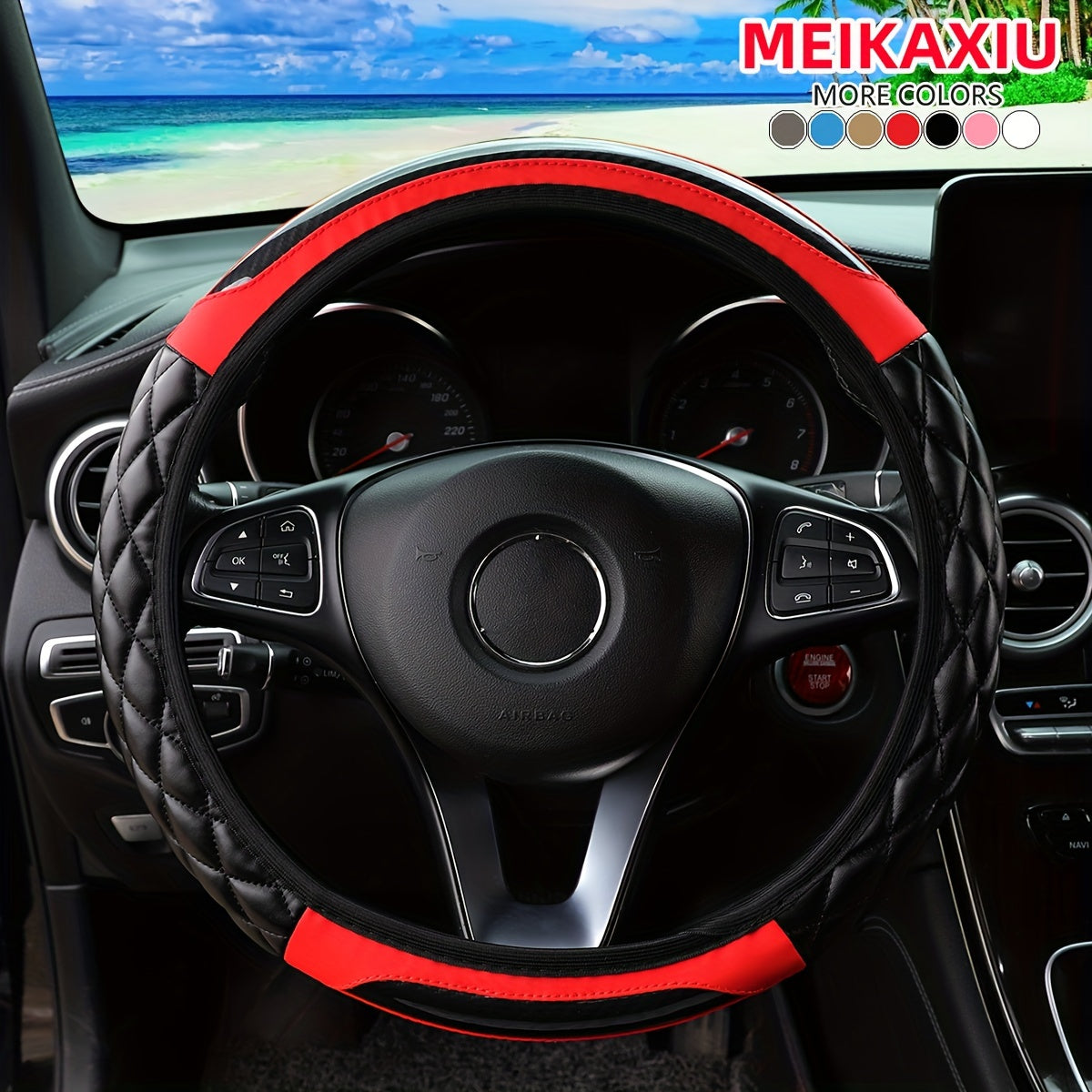 MEIKAXIU 3D Embroidered Crystal Carbon Fiber Steering Wheel Cover - 1pc Universal Fit for 14.5-15 Inch - Unisex, Available in Black, Red, Pink, Blue, Beige, Gray