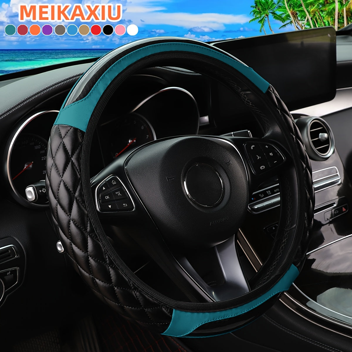 MEIKAXIU 3D Embroidered Crystal Carbon Fiber Steering Wheel Cover - 1pc Universal Fit for 14.5-15 Inch - Unisex, Available in Black, Red, Pink, Blue, Beige, Gray