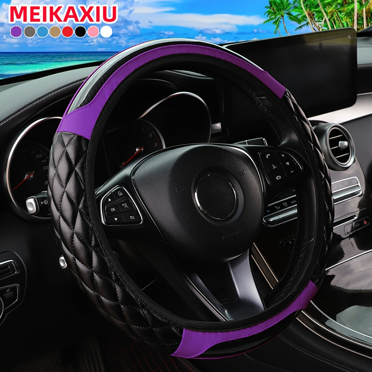 MEIKAXIU 3D Embroidered Crystal Carbon Fiber Steering Wheel Cover - 1pc Universal Fit for 14.5-15 Inch - Unisex, Available in Black, Red, Pink, Blue, Beige, Gray