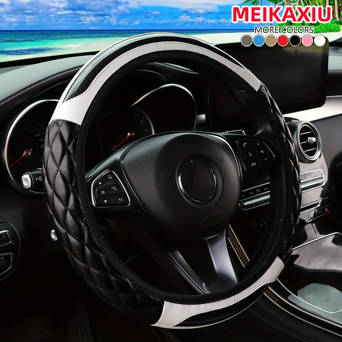 MEIKAXIU 3D Embroidered Crystal Carbon Fiber Steering Wheel Cover - 1pc Universal Fit for 14.5-15 Inch - Unisex, Available in Black, Red, Pink, Blue, Beige, Gray