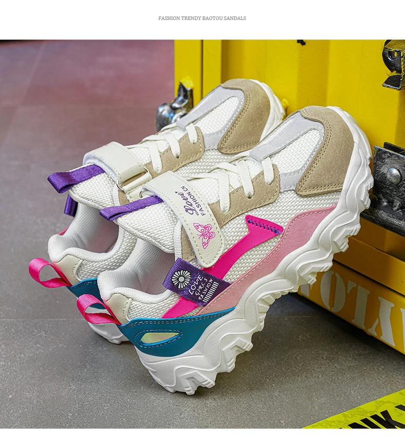 Fashion Children Shoes Girls Sneaker Black Pink PU Leather Platform Casual Sneaker School Tennis Sports Shoes for Girls