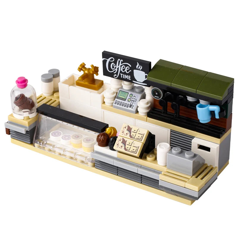 MOC City Steet View Pizza Cart Coffee Shop Newsstand Building Blocks Kit Toilet Park Flower Bed Pizzeria Trash Can Bricks Toys
