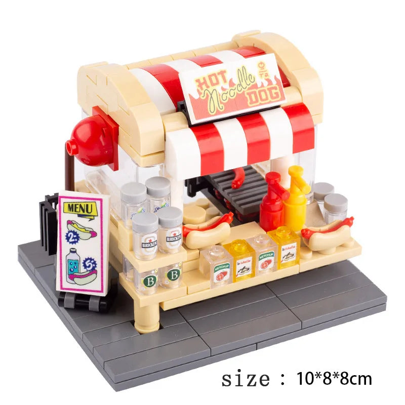 MOC City Steet View Pizza Cart Coffee Shop Newsstand Building Blocks Kit Toilet Park Flower Bed Pizzeria Trash Can Bricks Toys