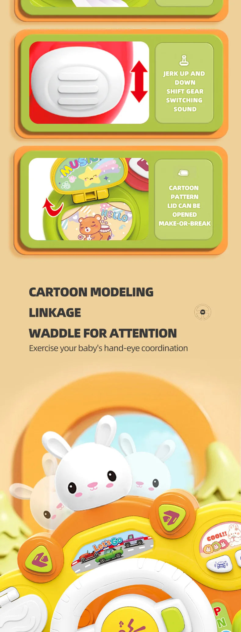 Children's Simulation Steering Wheel Multifunctional Cartoon Toy Simulation Car Driving Music Baby Puzzle Early Education Gift