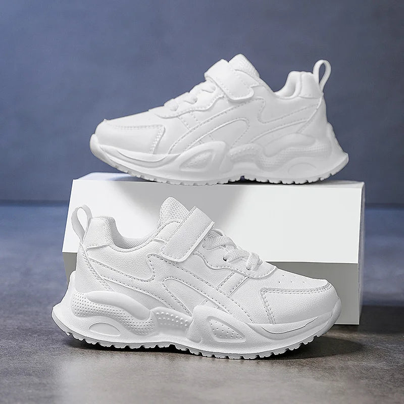 White Children's Leather Casual Shoes For Boy Girls Outdoor Running Sneakers Breathable Mesh Kids School Walking Sport Non Slip