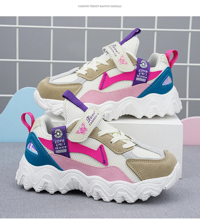 Fashion Children Shoes Girls Sneaker Black Pink PU Leather Platform Casual Sneaker School Tennis Sports Shoes for Girls