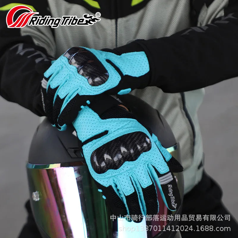 Lightweight Motorcycle Sports Gloves Men Women Real Leather Palm, Carbon Fiber Knuckle Guard & Breathable Mesh for Summer Riding
