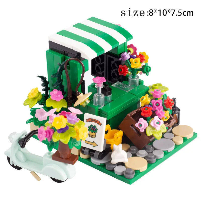 MOC City Steet View Pizza Cart Coffee Shop Newsstand Building Blocks Kit Toilet Park Flower Bed Pizzeria Trash Can Bricks Toys