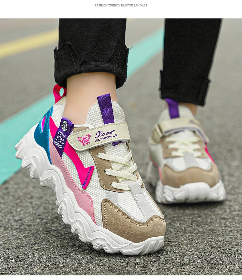 Fashion Children Shoes Girls Sneaker Black Pink PU Leather Platform Casual Sneaker School Tennis Sports Shoes for Girls