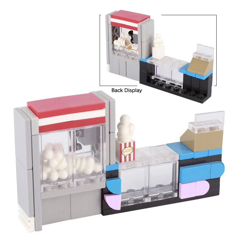MOC City Steet View Pizza Cart Coffee Shop Newsstand Building Blocks Kit Toilet Park Flower Bed Pizzeria Trash Can Bricks Toys