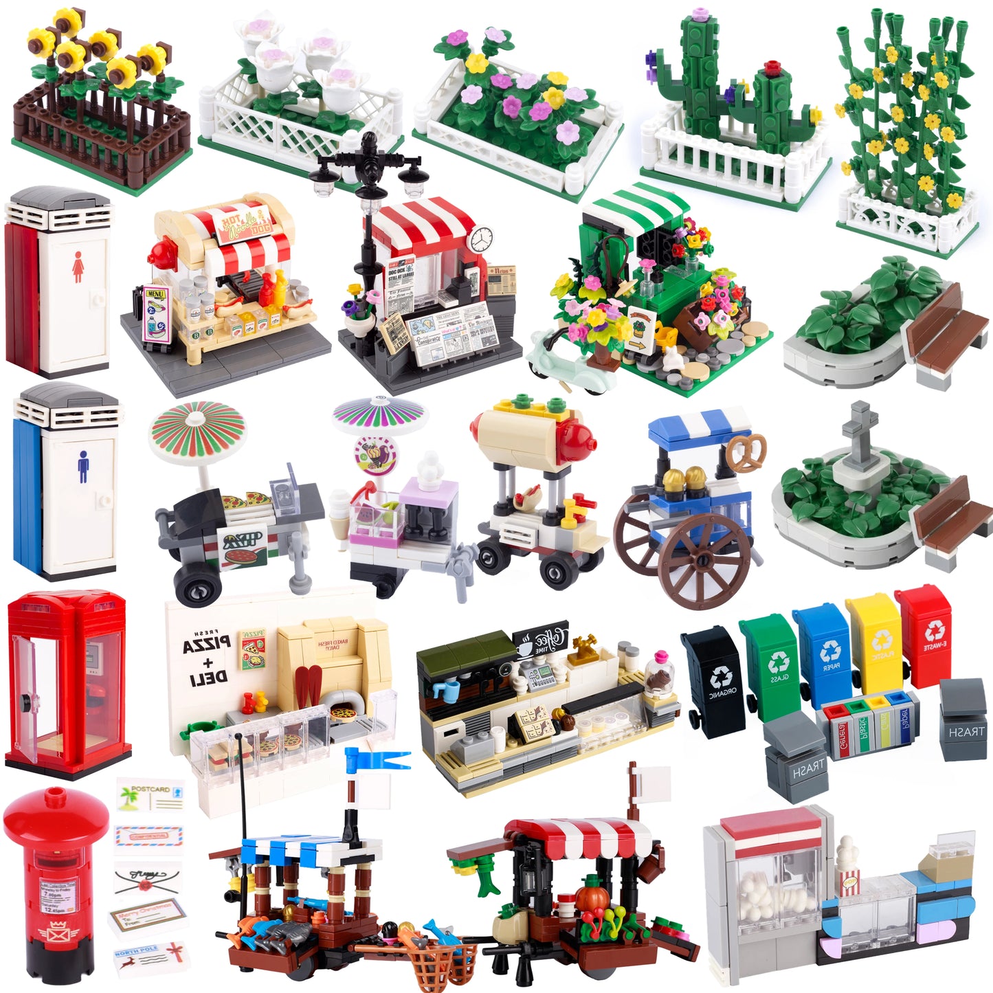 City Food Street View Vendor Hot dog Roadside Stand Building Blocks Ice Cream Newsstand Flower Shop Trash Can Toilet Bricks Toys