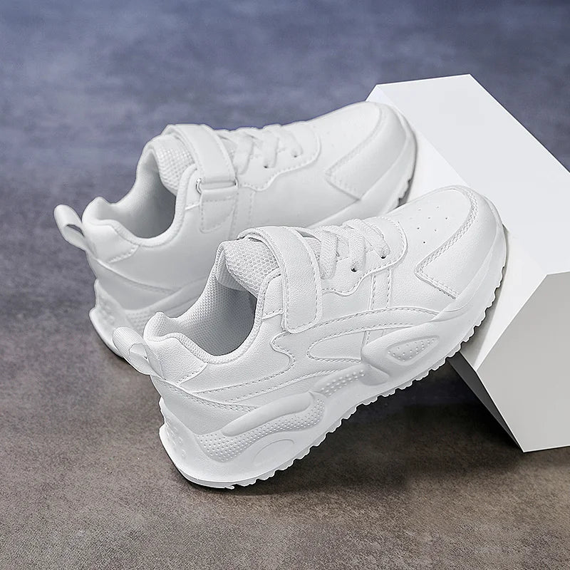 White Children's Leather Casual Shoes For Boy Girls Outdoor Running Sneakers Breathable Mesh Kids School Walking Sport Non Slip