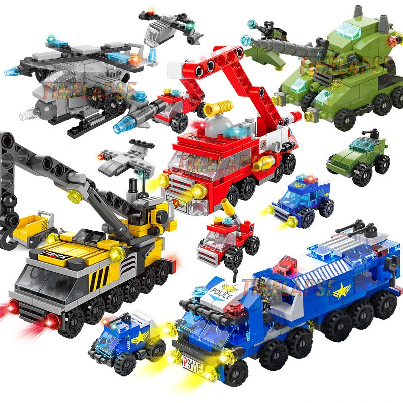 6in1 NEW Police Sports Car Fire Engineering Engine Mini Loader Truck Classic Model Building Blocks Sets Bricks Toy City
