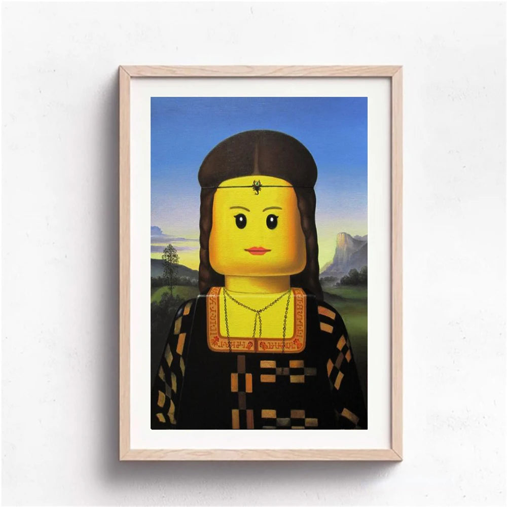 Abstract Funny Mona Lisa Legos Poster And Prints Cartoon Famous Painting Canvas Wall Art For Living Kids Room Home Decoration