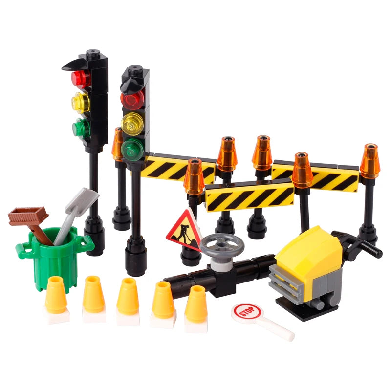 MOC City Steet View Pizza Cart Coffee Shop Newsstand Building Blocks Kit Toilet Park Flower Bed Pizzeria Trash Can Bricks Toys