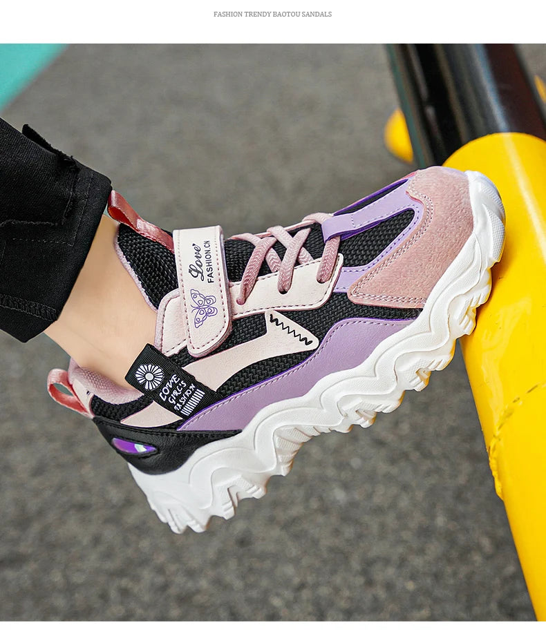 Fashion Children Shoes Girls Sneaker Black Pink PU Leather Platform Casual Sneaker School Tennis Sports Shoes for Girls