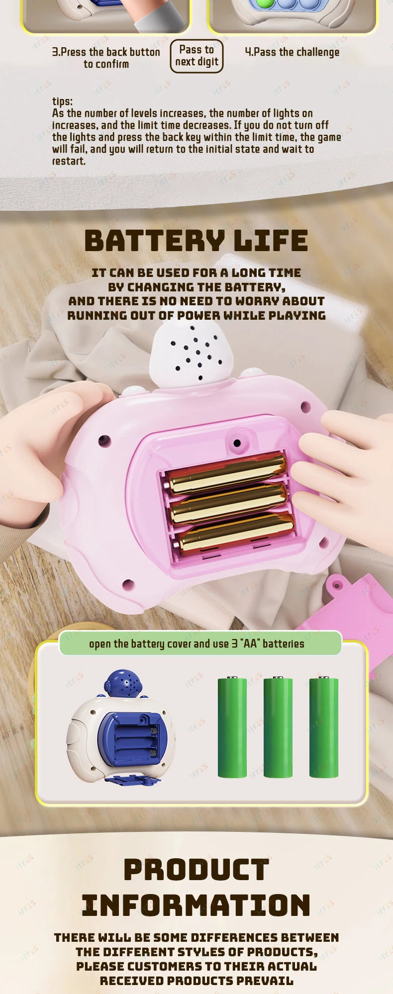 Electronic Quick Push Bubble Game Handle Toys Pop Up Light Fidget Fun Puzzle Anti-Stress Game Machine Toy Gifts For Kids Adults