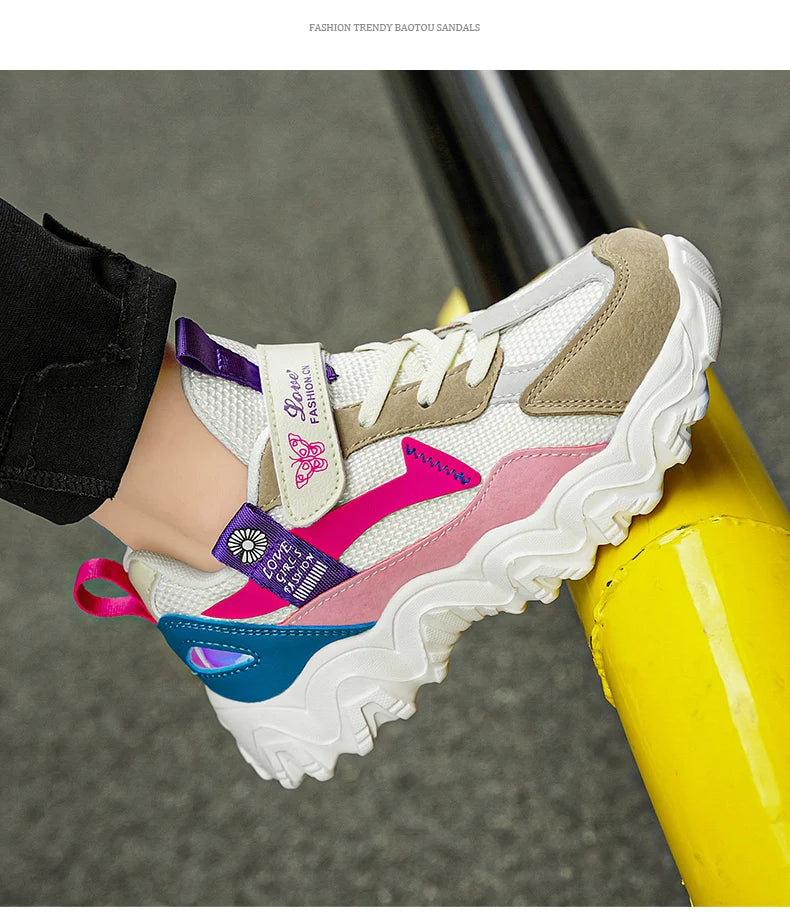 Fashion Children Shoes Girls Sneaker Black Pink PU Leather Platform Casual Sneaker School Tennis Sports Shoes for Girls