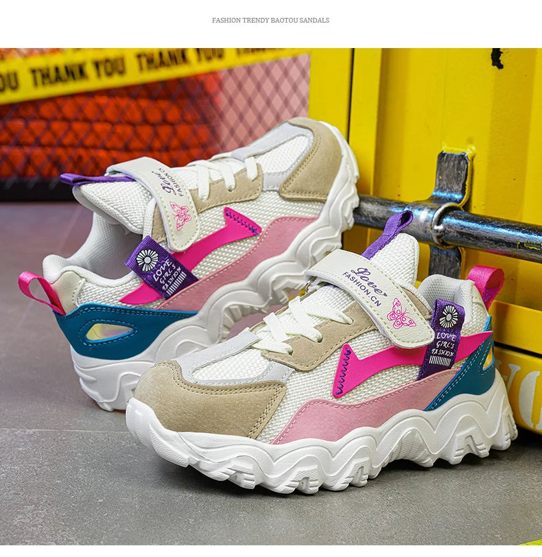 Fashion Children Shoes Girls Sneaker Black Pink PU Leather Platform Casual Sneaker School Tennis Sports Shoes for Girls