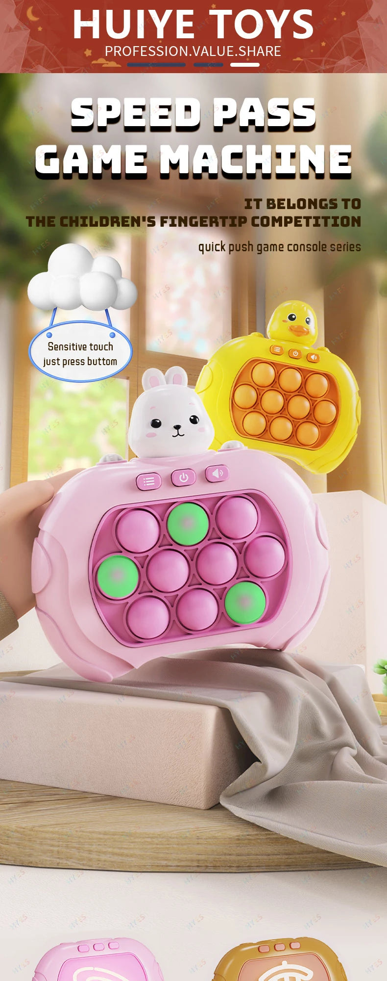 Electronic Quick Push Bubble Game Handle Toys Pop Up Light Fidget Fun Puzzle Anti-Stress Game Machine Toy Gifts For Kids Adults
