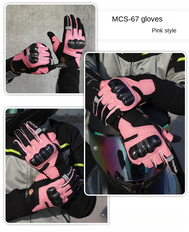Lightweight Motorcycle Sports Gloves Men Women Real Leather Palm, Carbon Fiber Knuckle Guard & Breathable Mesh for Summer Riding