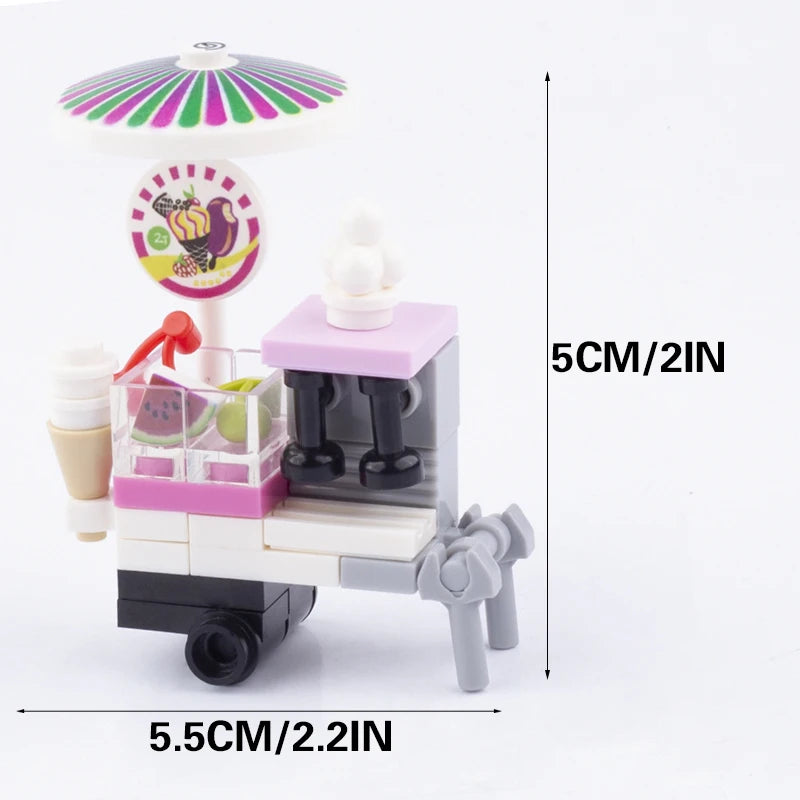 MOC City Steet View Pizza Cart Coffee Shop Newsstand Building Blocks Kit Toilet Park Flower Bed Pizzeria Trash Can Bricks Toys