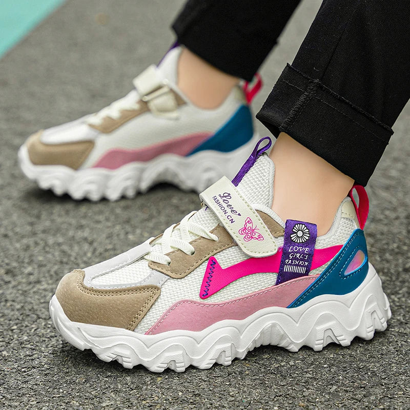 Fashion Children Shoes Girls Sneaker Black Pink PU Leather Platform Casual Sneaker School Tennis Sports Shoes for Girls