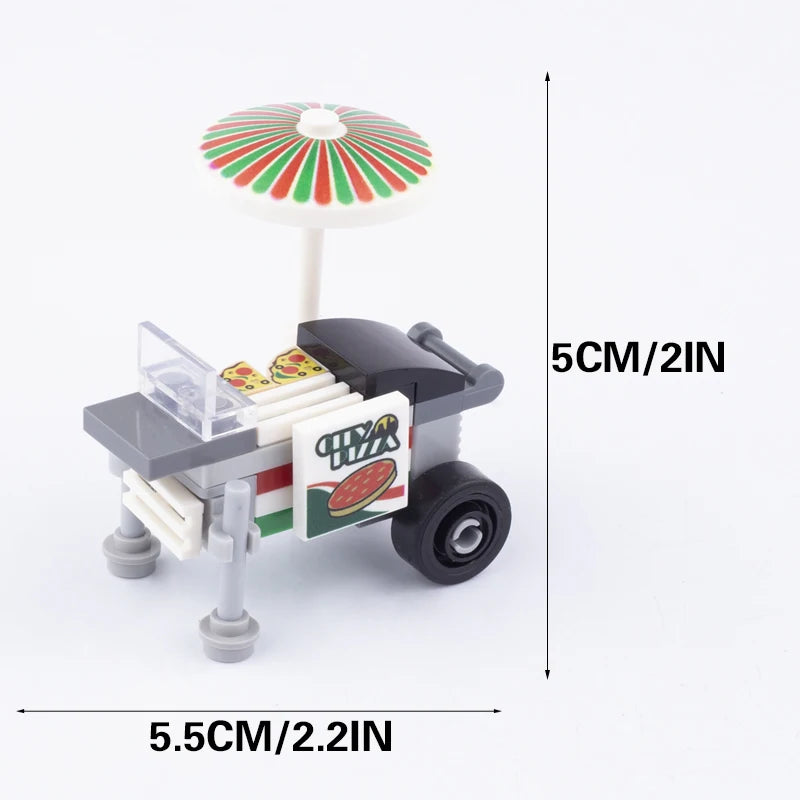 MOC City Steet View Pizza Cart Coffee Shop Newsstand Building Blocks Kit Toilet Park Flower Bed Pizzeria Trash Can Bricks Toys