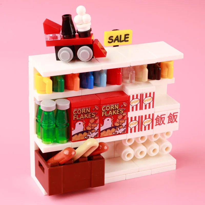 City Food Street View Vendor Hot dog Roadside Stand Building Blocks Ice Cream Newsstand Flower Shop Trash Can Toilet Bricks Toys