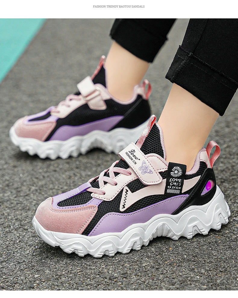 Fashion Children Shoes Girls Sneaker Black Pink PU Leather Platform Casual Sneaker School Tennis Sports Shoes for Girls