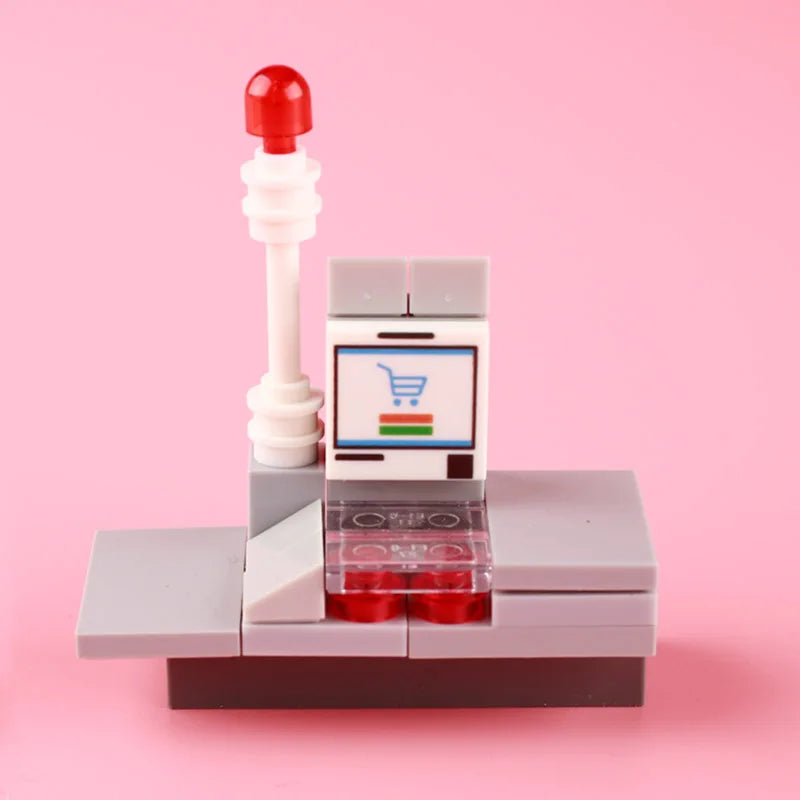 City Food Street View Vendor Hot dog Roadside Stand Building Blocks Ice Cream Newsstand Flower Shop Trash Can Toilet Bricks Toys