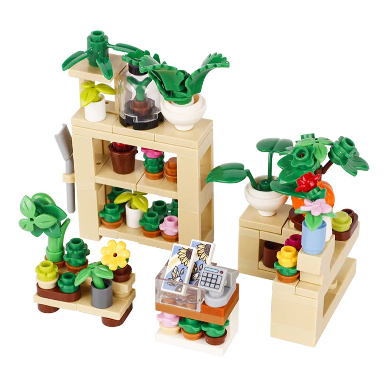 MOC City Steet View Pizza Cart Coffee Shop Newsstand Building Blocks Kit Toilet Park Flower Bed Pizzeria Trash Can Bricks Toys