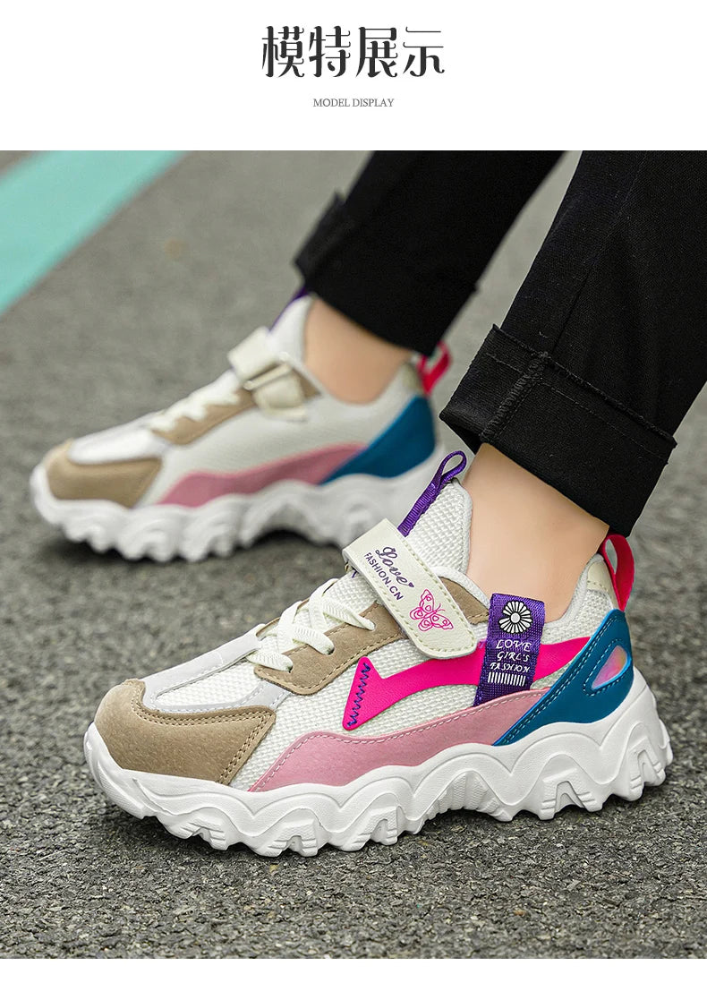 Fashion Children Shoes Girls Sneaker Black Pink PU Leather Platform Casual Sneaker School Tennis Sports Shoes for Girls