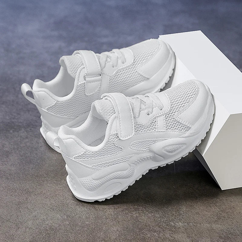 White Children's Leather Casual Shoes For Boy Girls Outdoor Running Sneakers Breathable Mesh Kids School Walking Sport Non Slip
