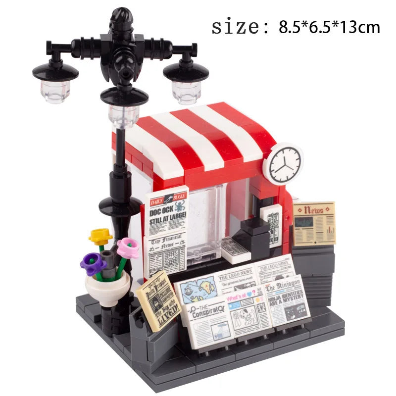 MOC City Steet View Pizza Cart Coffee Shop Newsstand Building Blocks Kit Toilet Park Flower Bed Pizzeria Trash Can Bricks Toys