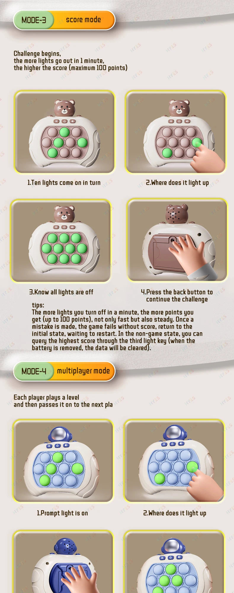 Electronic Quick Push Bubble Game Handle Toys Pop Up Light Fidget Fun Puzzle Anti-Stress Game Machine Toy Gifts For Kids Adults