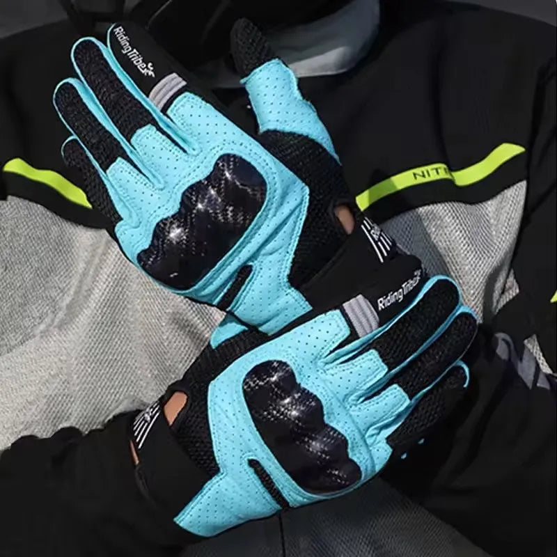 Lightweight Motorcycle Sports Gloves Men Women Real Leather Palm, Carbon Fiber Knuckle Guard & Breathable Mesh for Summer Riding