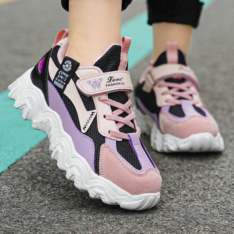 Fashion Children Shoes Girls Sneaker Black Pink PU Leather Platform Casual Sneaker School Tennis Sports Shoes for Girls