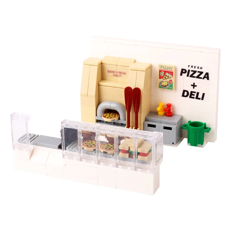 MOC City Steet View Pizza Cart Coffee Shop Newsstand Building Blocks Kit Toilet Park Flower Bed Pizzeria Trash Can Bricks Toys